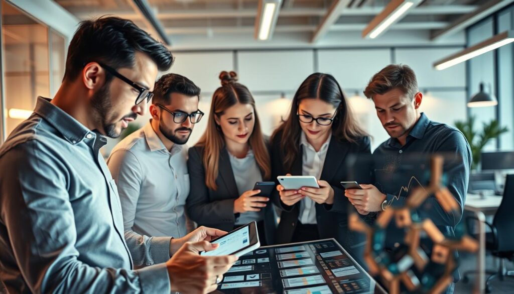 A bustling office scene, with a team of professionals gathered around a large touchscreen display, exploring various digital tools and applications. The foreground features a user engaged with a sleek tablet, brow furrowed in concentration as they navigate a sophisticated software interface. In the middle ground, colleagues lean in, sharing insights and ideas, their expressions a mix of curiosity and determination. The background showcases a modern, minimalist workspace, with clean lines, warm lighting, and a sense of technological progress. The mood is one of collaborative problem-solving, as the team works to overcome challenges and unlock the full potential of their digital toolkit.