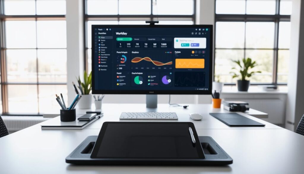 A clean, modern office workspace with a centralized computer monitor displaying a workflow optimization dashboard. In the foreground, a tablet and stylus sit on an ergonomic desk, surrounded by neatly organized stationery and office supplies. The middle ground features a sleek, minimalist desk setup with a keyboard, mouse, and potted plant. The background showcases large windows allowing natural light to flood the room, creating a bright and airy atmosphere. The overall scene conveys a sense of productivity, efficiency, and seamless workflow optimization.