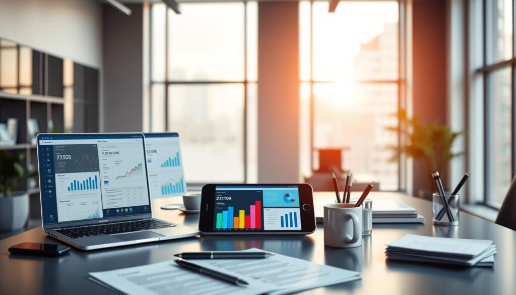 A sleek, modern office setting with a large desk showcasing various analytics software and tools. The foreground features a laptop, tablet, and smartphone displaying colorful data visualizations, charts, and dashboards. In the middle ground, a stack of paperwork, coffee mug, and pen holder create a productive work environment. The background is softly lit with natural light filtering through large windows, casting a warm glow across the space. The overall scene conveys professionalism, efficiency, and a focus on data-driven decision making, perfectly suited for the "Analytics and Performance Measurement Tools" section of the article.