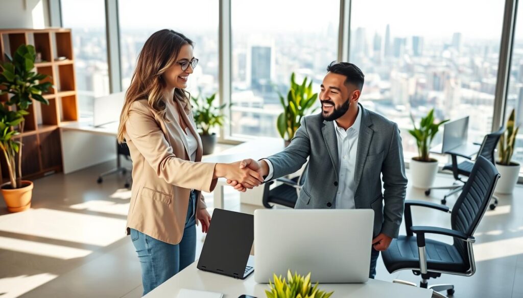 Productive relationship with SEO freelancer: A sunny, modern office setting. In the foreground, a businesswoman and a freelance SEO expert shake hands, smiling warmly as they discuss a laptop screen between them. The middle ground features a minimalist workspace with sleek desks, ergonomic chairs, and potted plants, conveying a sense of professionalism and collaboration. In the background, floor-to-ceiling windows offer a view of a bustling city skyline, hinting at the broader context of their digital marketing partnership. The lighting is soft and natural, creating a calm, productive atmosphere.